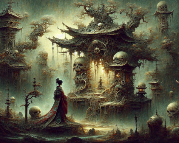 Mysterious Landscape with Gothic Architecture and Temple