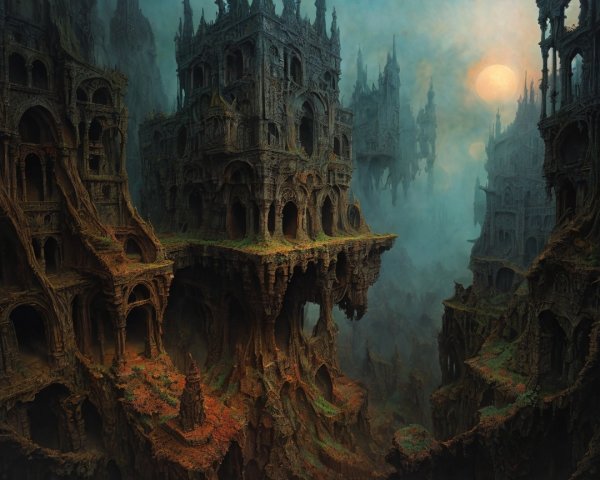 Surreal Gothic Landscape with Floating Structures