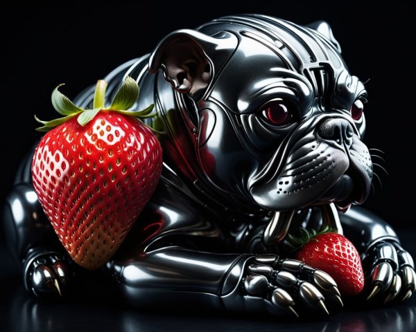 Futuristic Metallic Bulldog and Red Strawberry Contrast