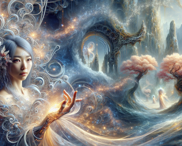 Angelic Woman with Blue Hair in Cosmic Fantasy Scene