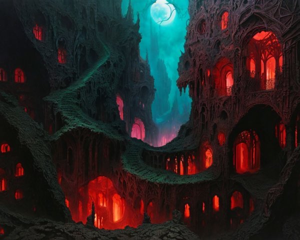 Surreal Dark Fantasy Landscape with Twisted Architecture