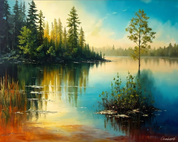 Tranquil Lake Landscape with Lush Trees and Reflection