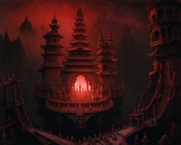 Red-Hued Landscape with Ancient Asian Architecture