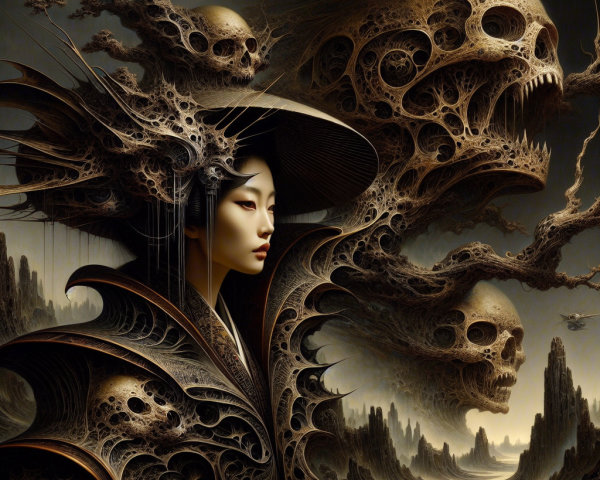 Intricate Artwork of Serene Figure in Surreal Landscape