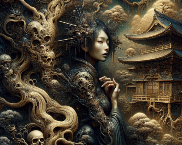 Mystical Scene with Young Woman and Asian Pagoda
