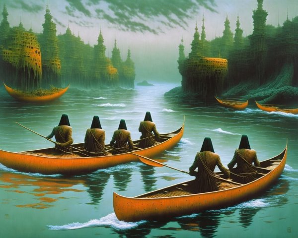 Surreal Landscape with Dark Figures and Misty River