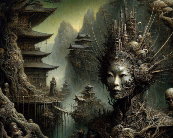 Surreal Landscape with Organic Structures and Architecture