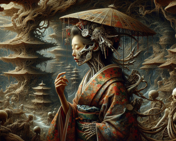 Serene figure in kimono with parasol in surreal landscape
