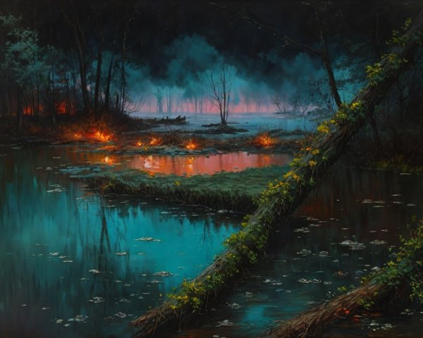 Serene Nighttime Landscape with Fog and Flickering Fires