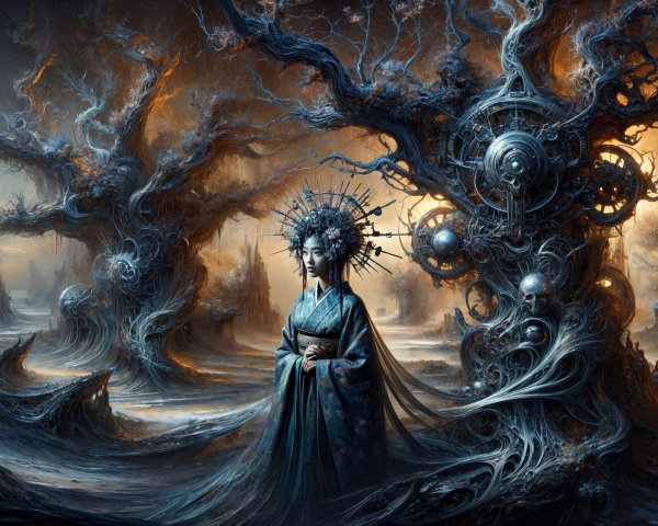 Surreal Landscape with Twisted Trees and Ethereal Forms