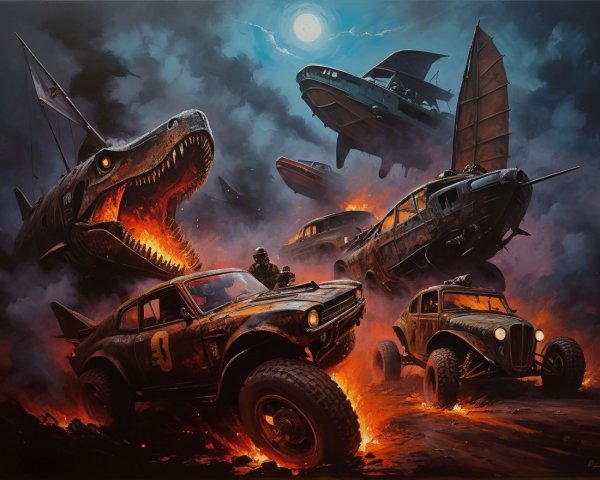 Vintage Muscle Cars and Dinosaurs in Post-Apocalyptic Scene