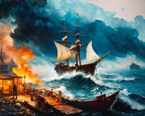 Dramatic Maritime Scene with Ship and Stormy Waves