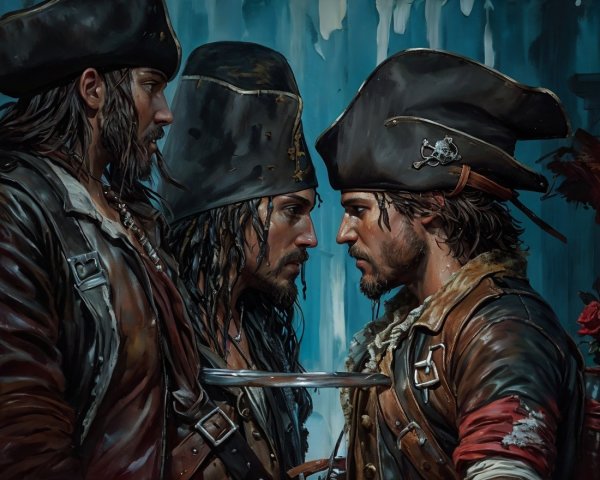 Pirates in Standoff with Swords and Cannons at Sea
