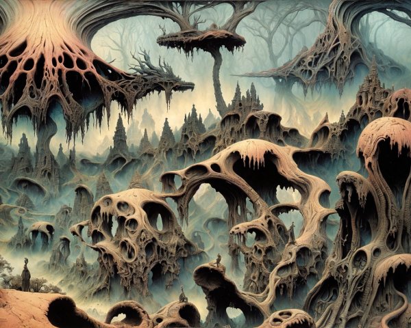 Surreal Landscape with Skeletal Trees and Mist