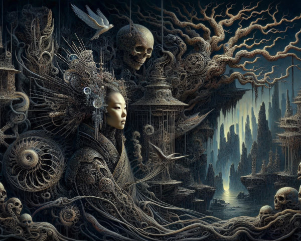 Surreal Scene of Nature and Macabre Imagery