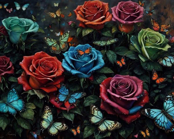 Vibrant Roses and Butterflies in a Lush Setting