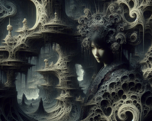 Surreal Scene of Fractal Structures and Contemplative Figure