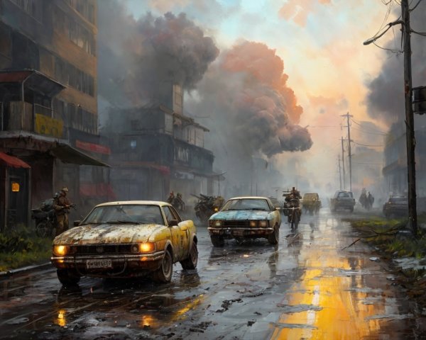 Desolate Urban Landscape at Sunset with Silhouetted Figures
