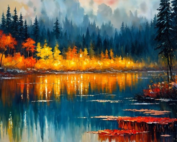 Serene Lake Surrounded by Autumn Foliage and Mountains