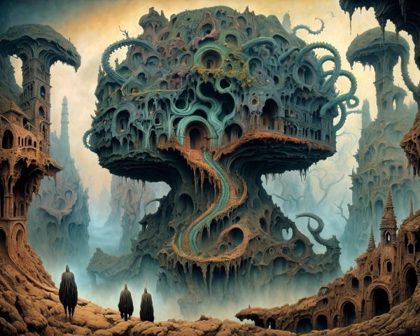 Surreal landscape with intricate tree and alien structures