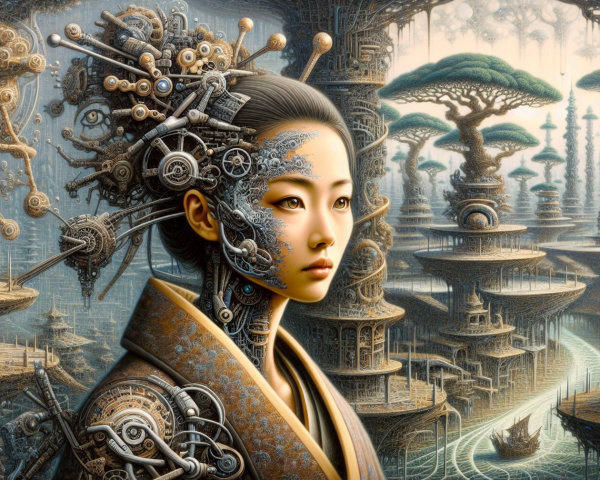 Futuristic Woman with Mechanical Features in Surreal Landscape