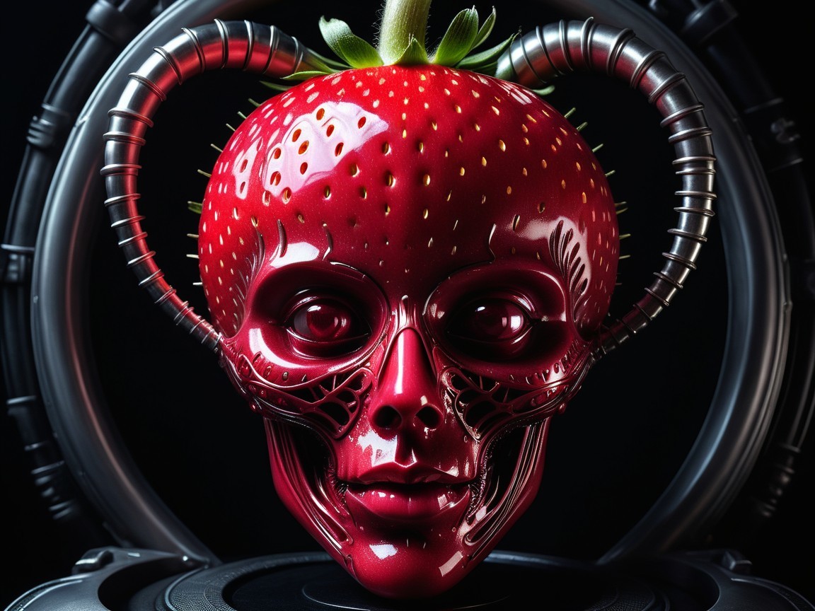 Vibrant Strawberry and Metallic Skull Fusion Design