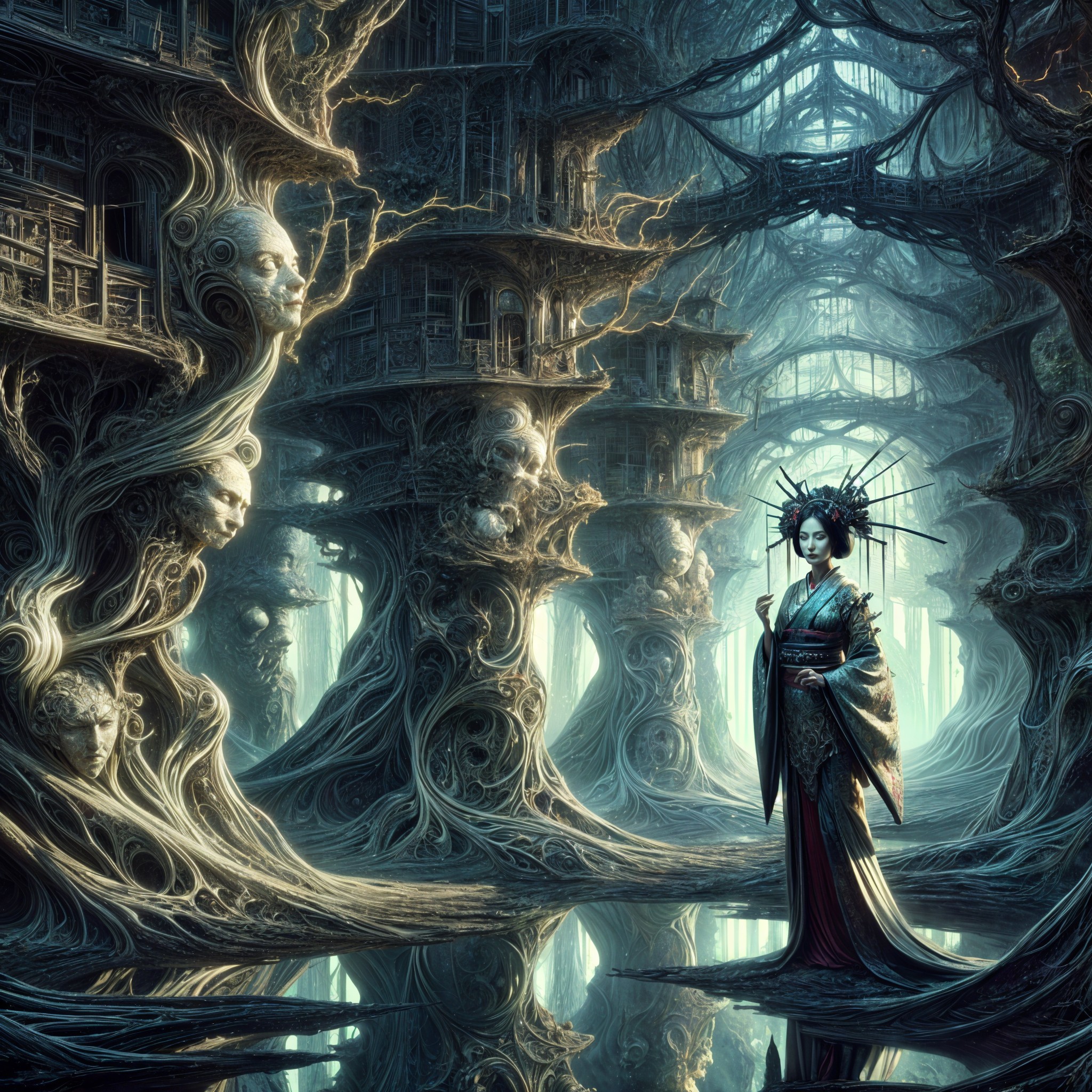 Surreal Landscape with Organic Structures and Faces