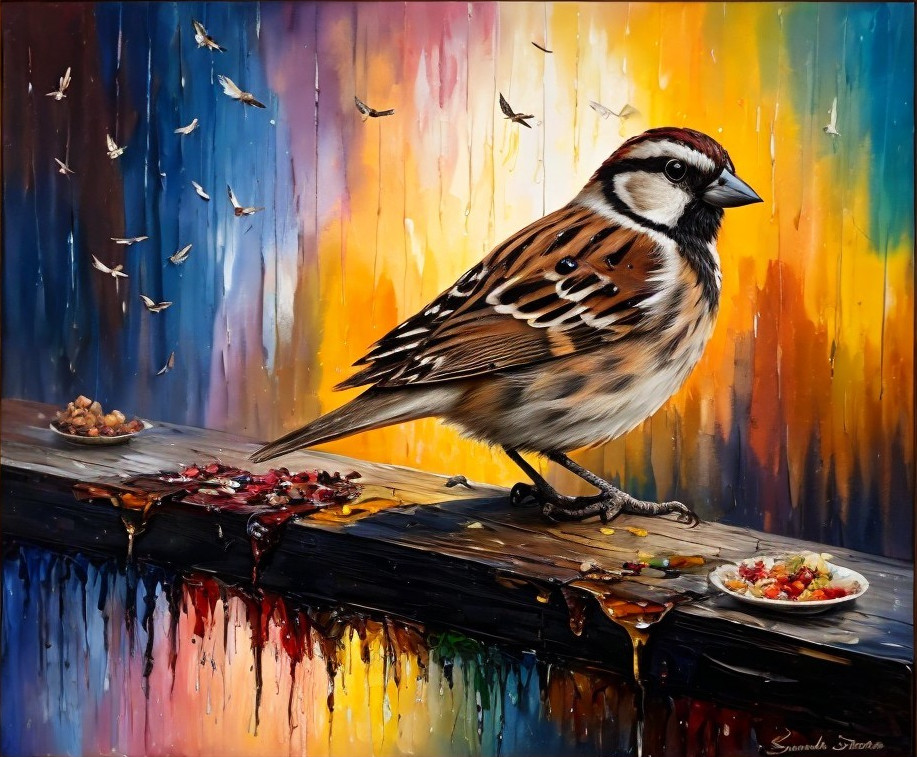 Sparrow on Perch with Vibrant Abstract Background