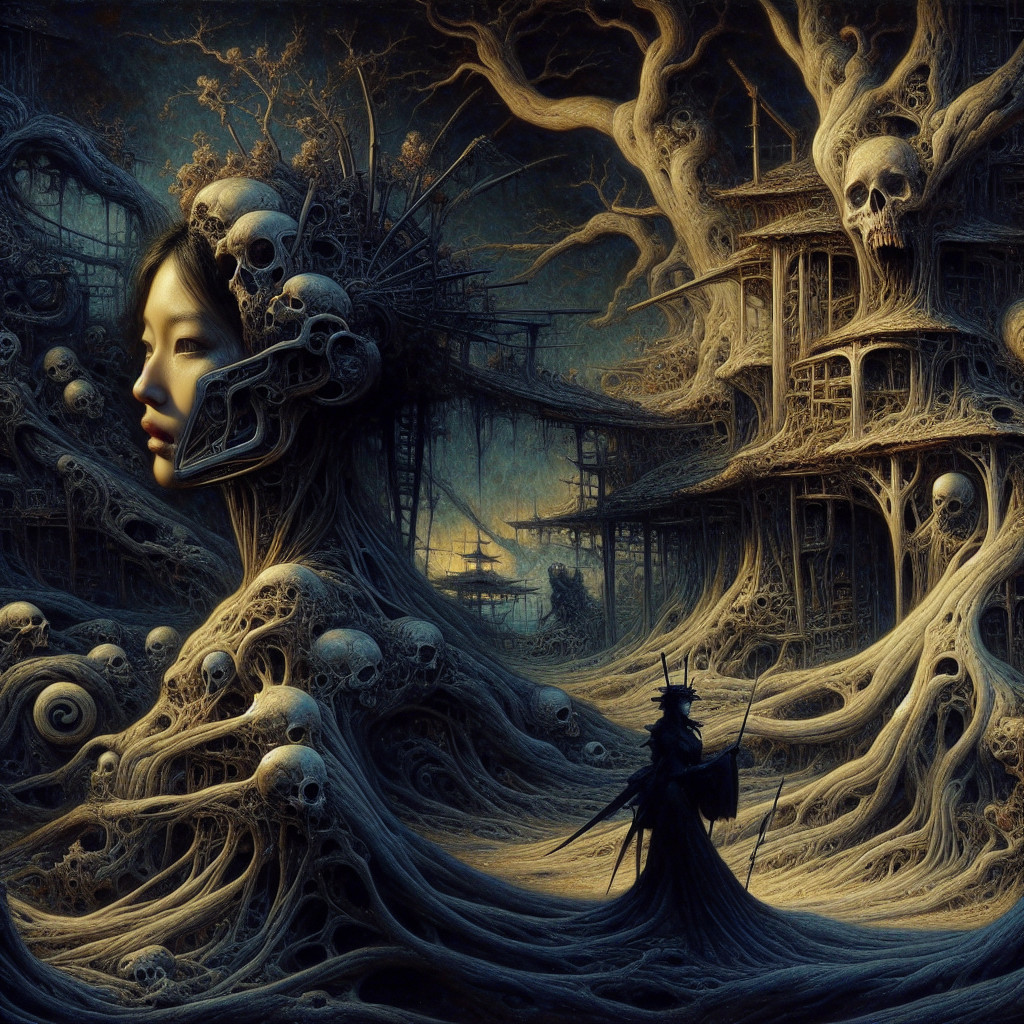Surreal Landscape with Ethereal Female Figure and Skulls