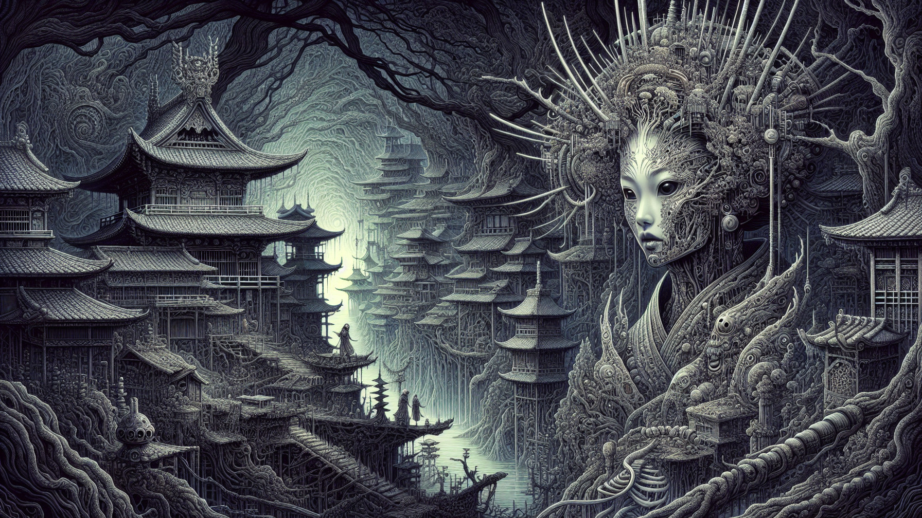 Surreal Landscape of Ancient Architecture and Futuristic Elements