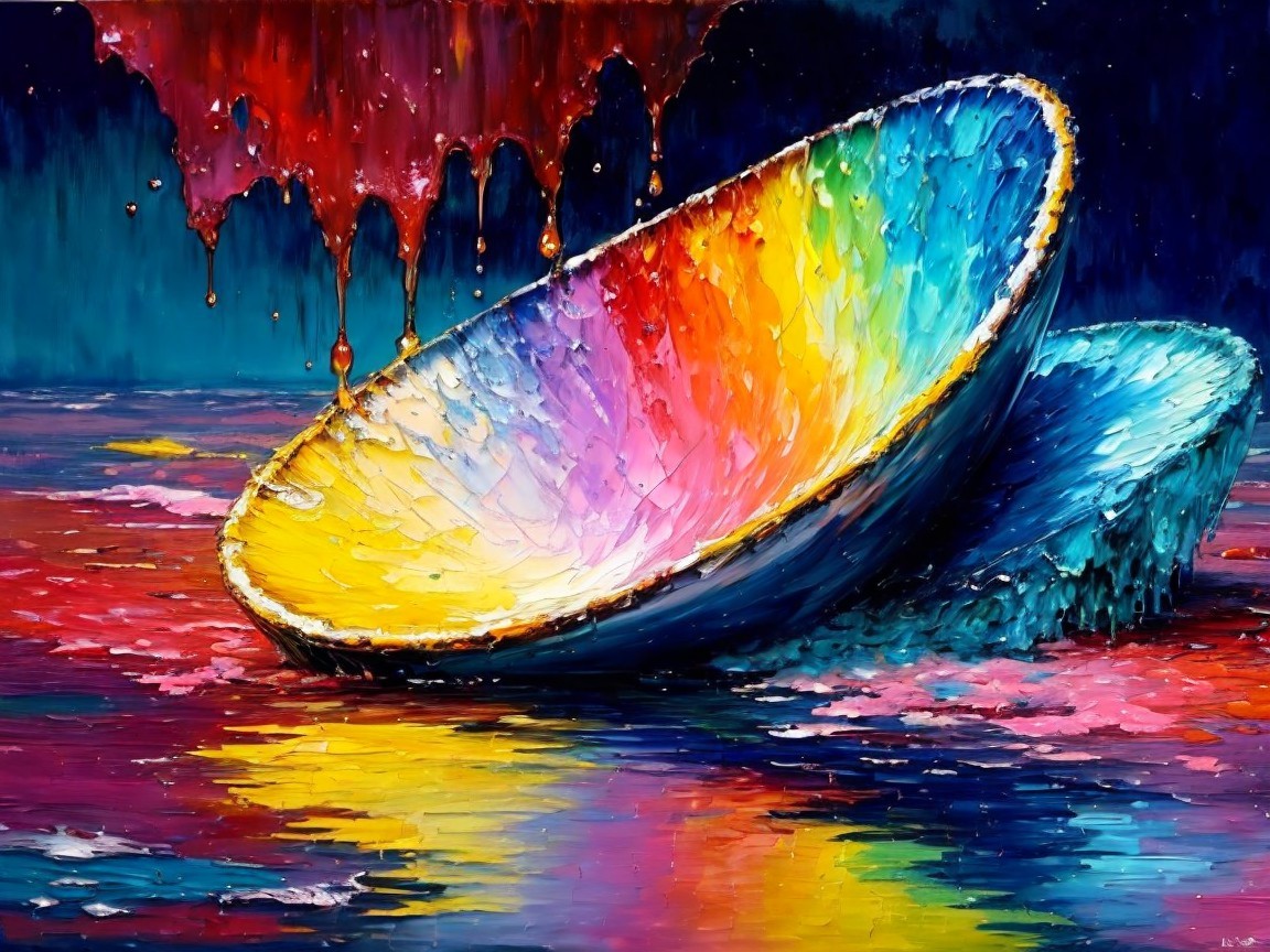 Vibrant Bowls on Reflective Surface with Paint Drips