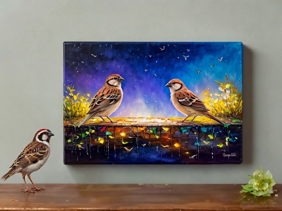 Sparrows on Colorful Railing with Illuminated Background