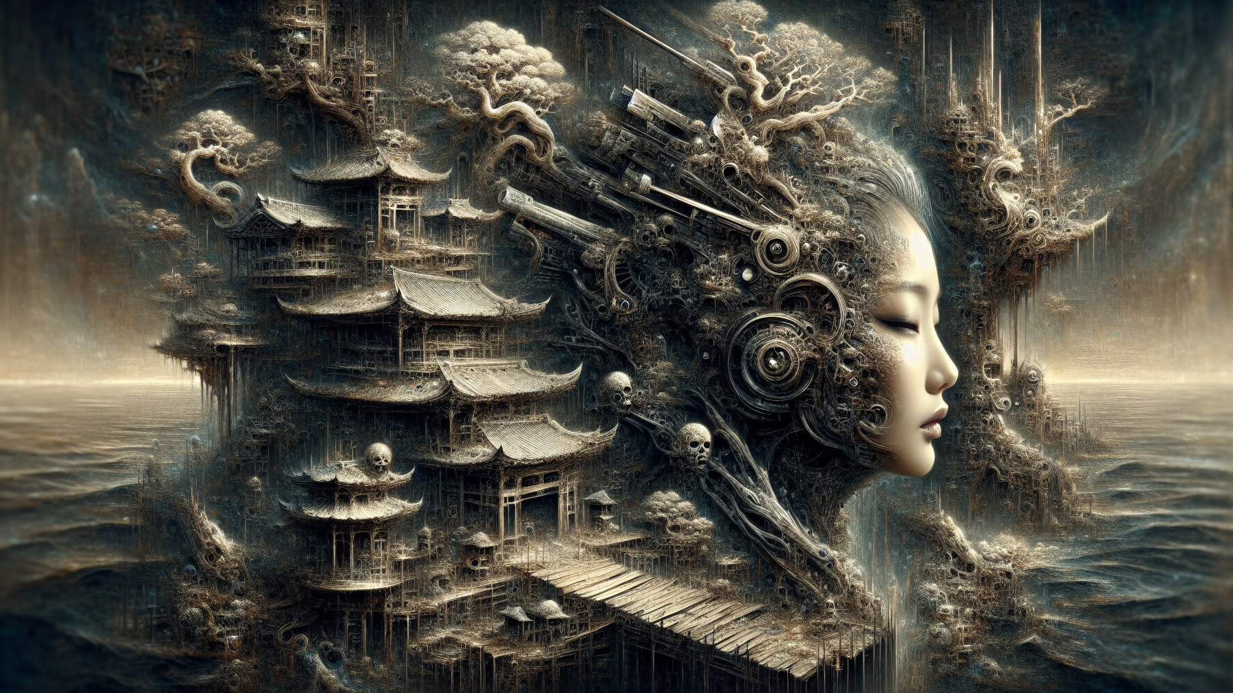 Surreal Fusion of Ancient Architecture and Futuristic Elements