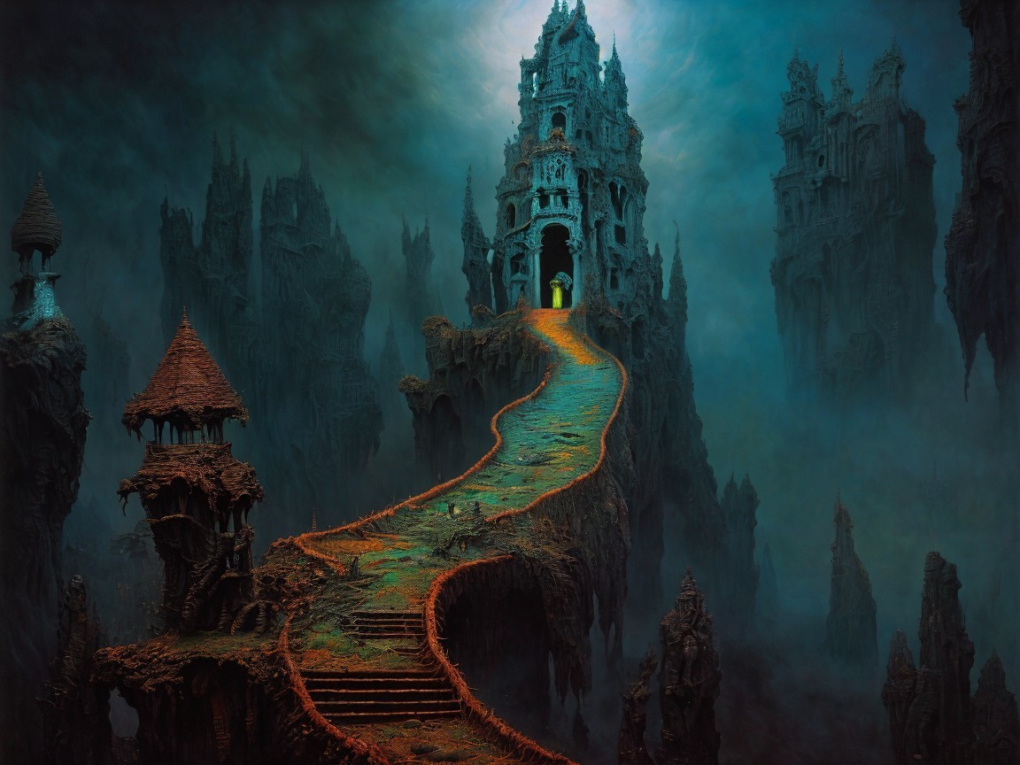 Mystical Landscape with Ancient Castle and Foggy Cliffs