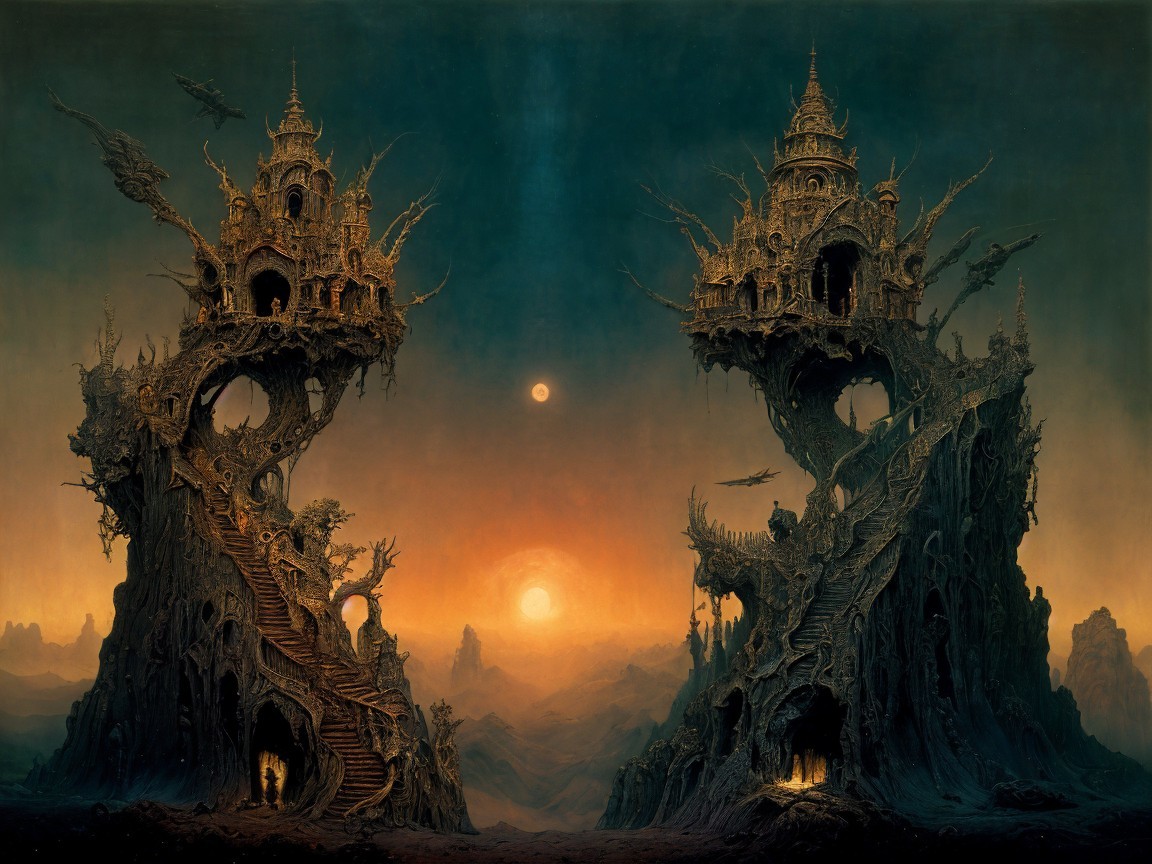Surreal Landscape with Twisted Castle Structures