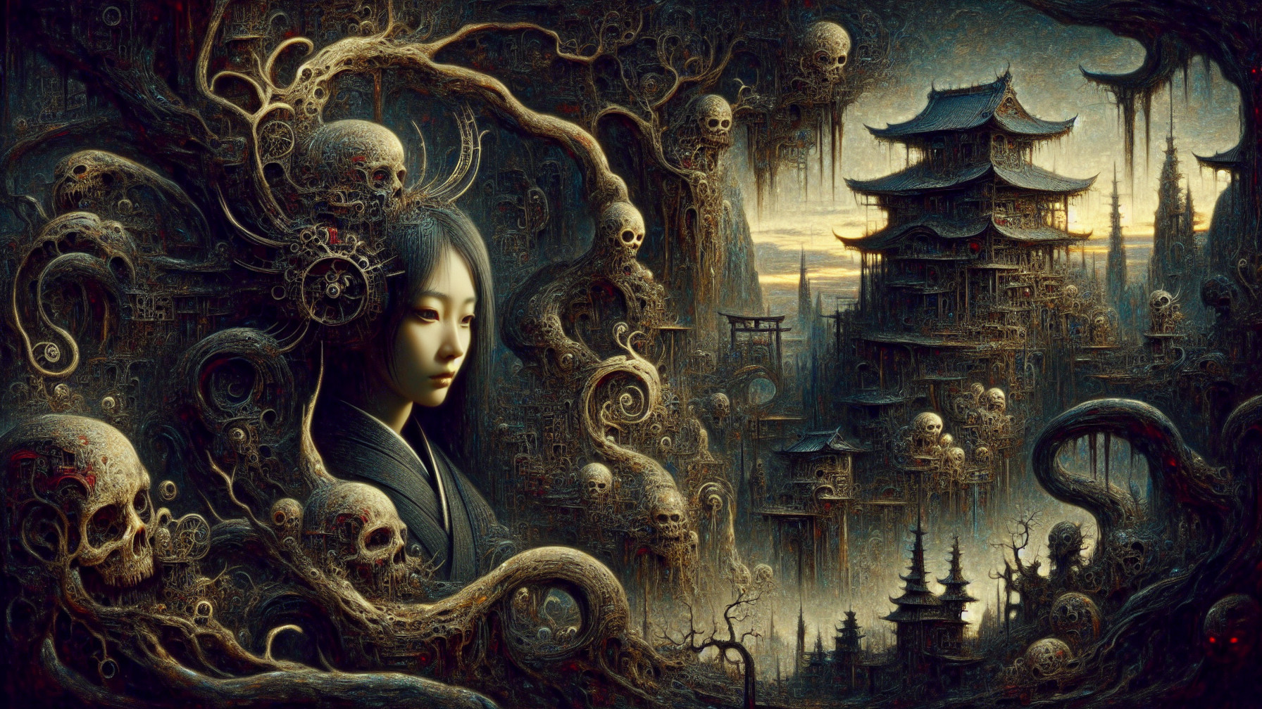 Dark Fantasy Scene with Serene Figure and Temple