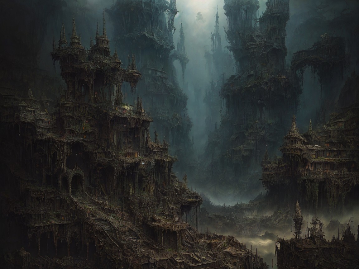 Ethereal Landscape with Dilapidated Structures and Vines