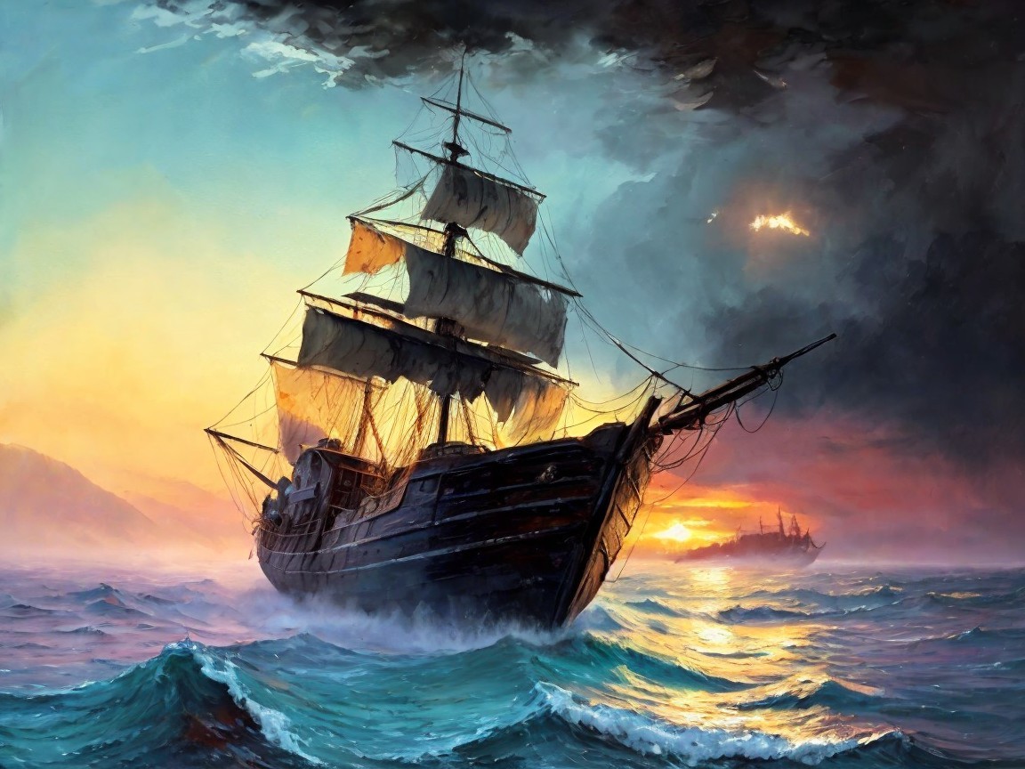 Majestic Sailing Ship on Tumultuous Waves at Sunset