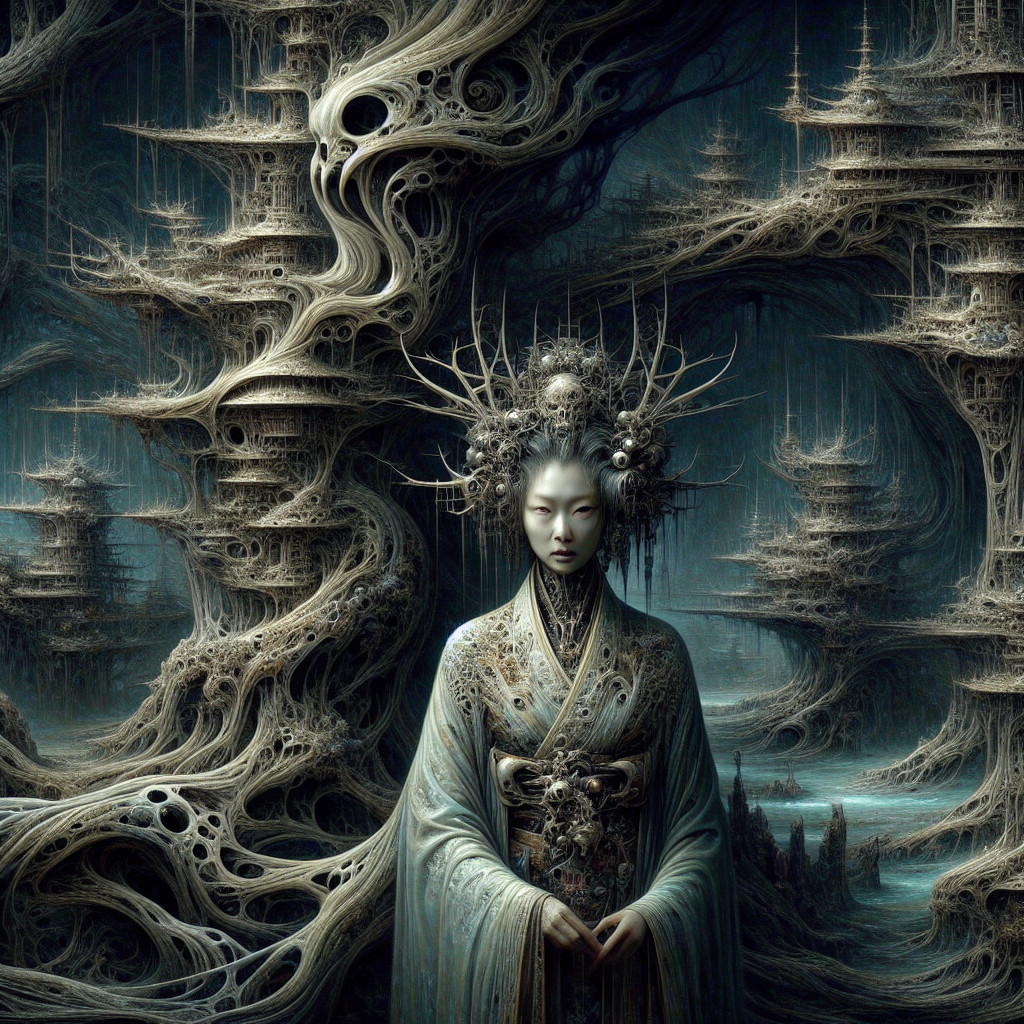Mystical Figure in Surreal Landscape with Ethereal Structures