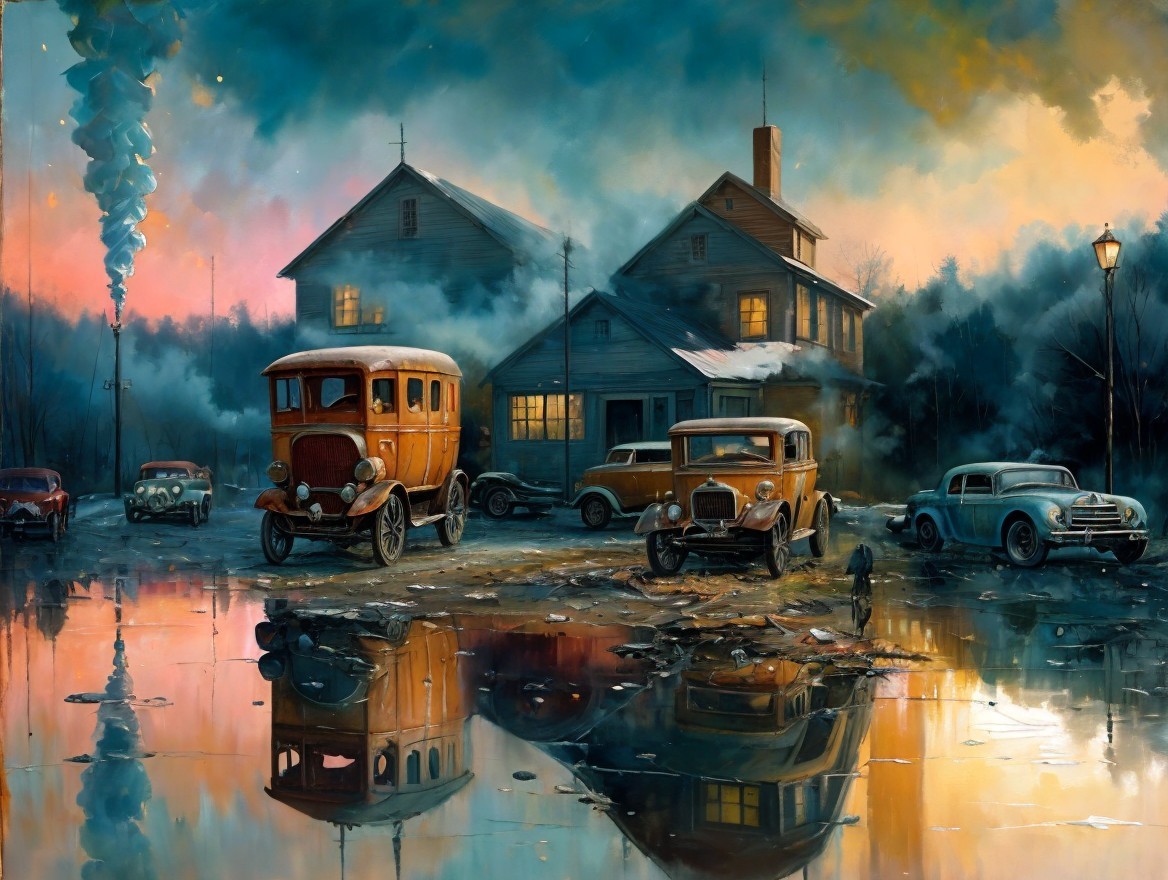 Vintage Hamlet at Dusk with Classic Cars and Warm Glow