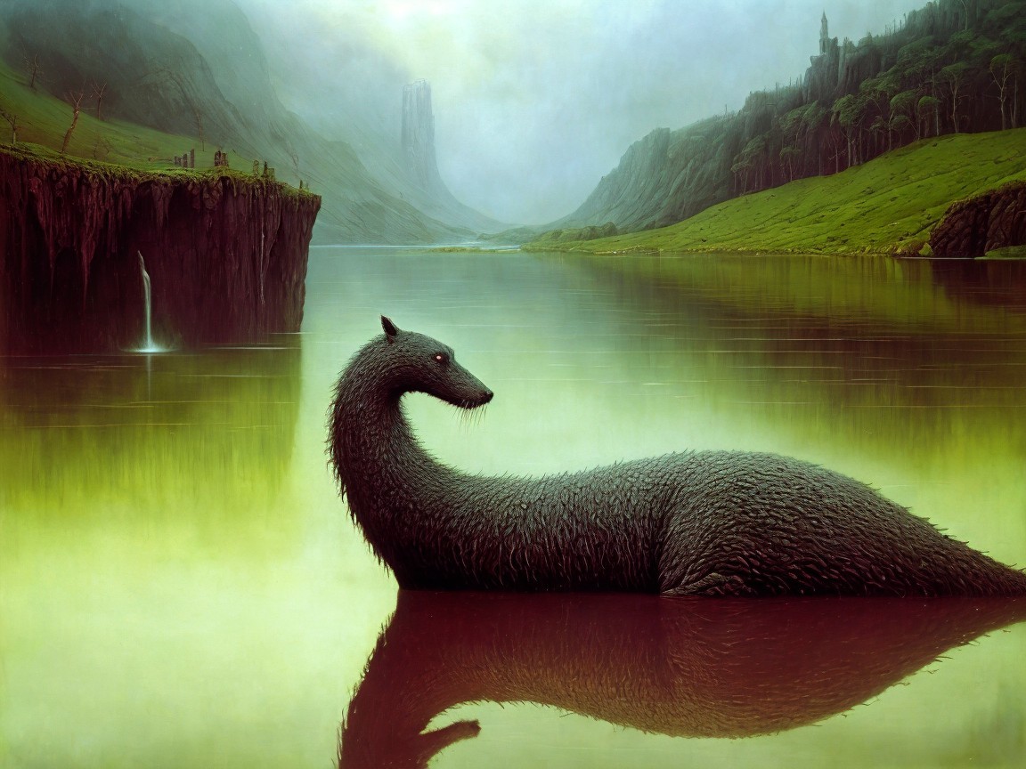 Misty Lake with Dragon Creature and Towering Cliffs