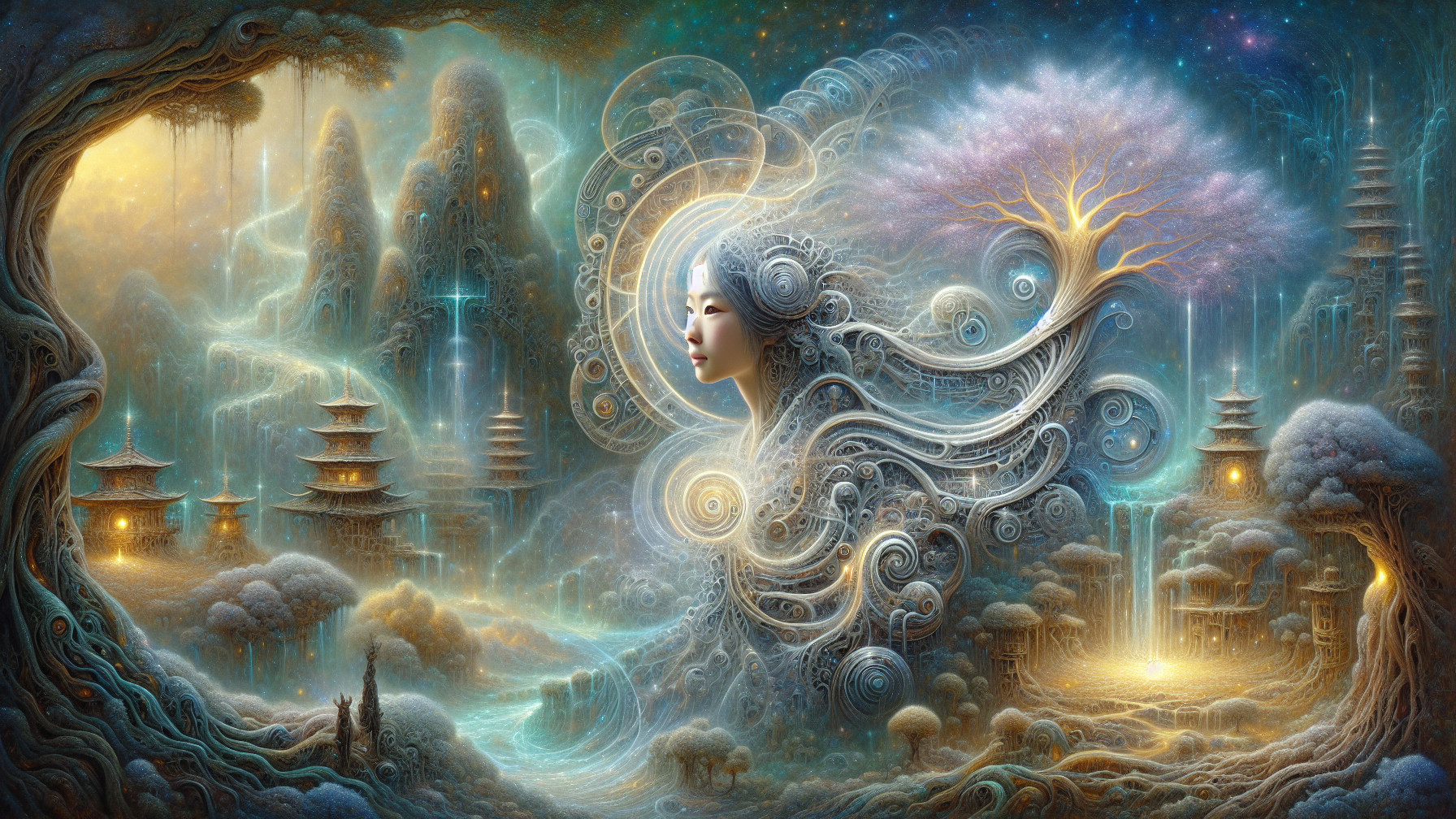 Surreal Landscape with Woman's Face and Ethereal Elements