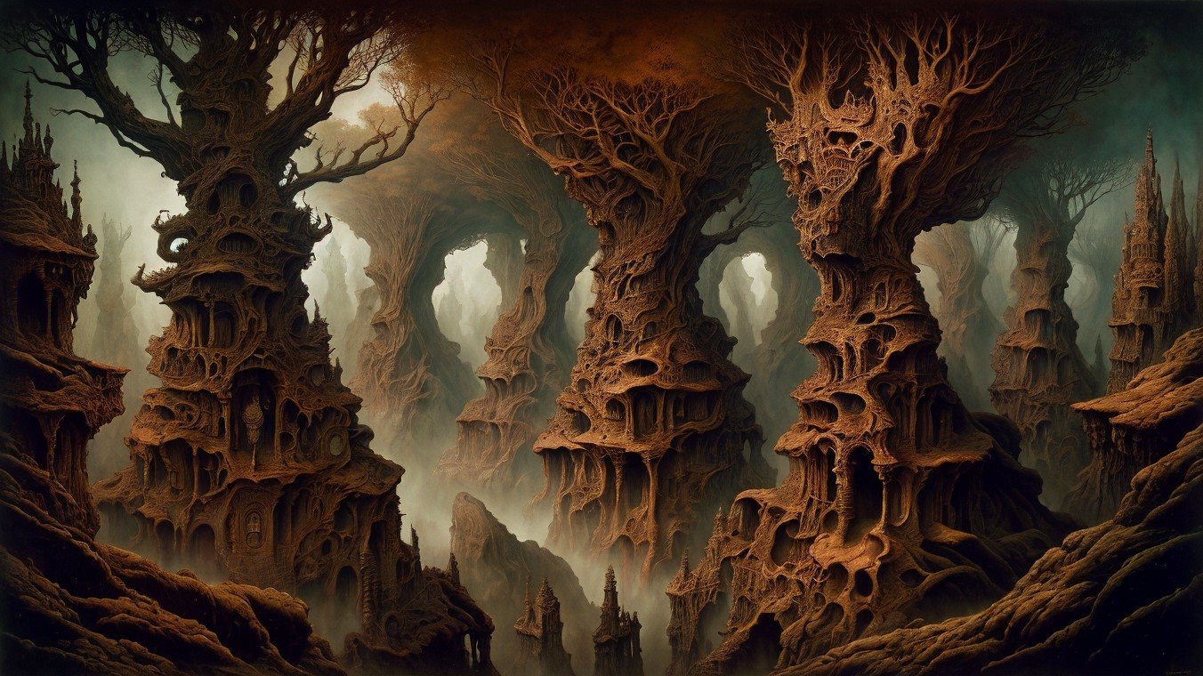 Surreal Landscape with Gnarled Trees and Misty Atmosphere