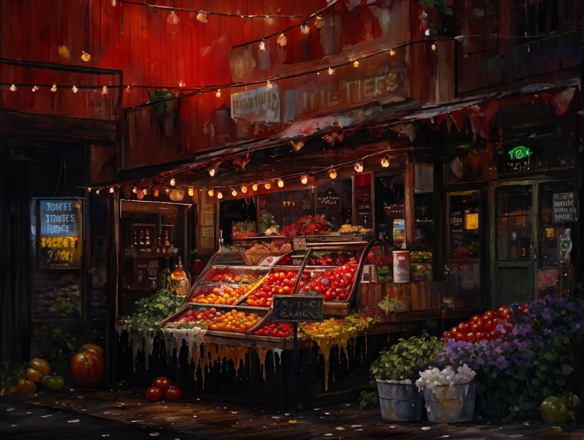 Vibrant Night Market Stall with Fresh Fruits and Lights