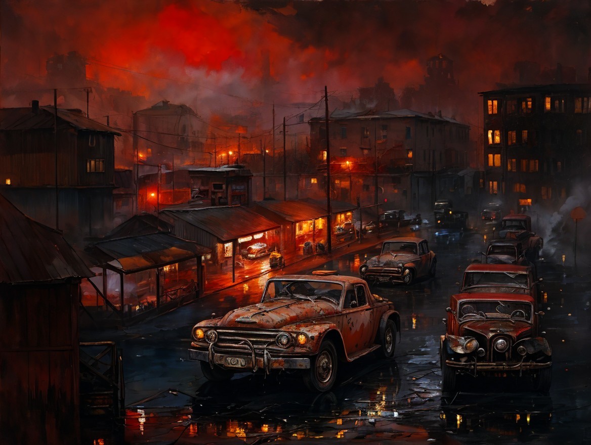 Moody Night Cityscape with Dark Skies and Reflections