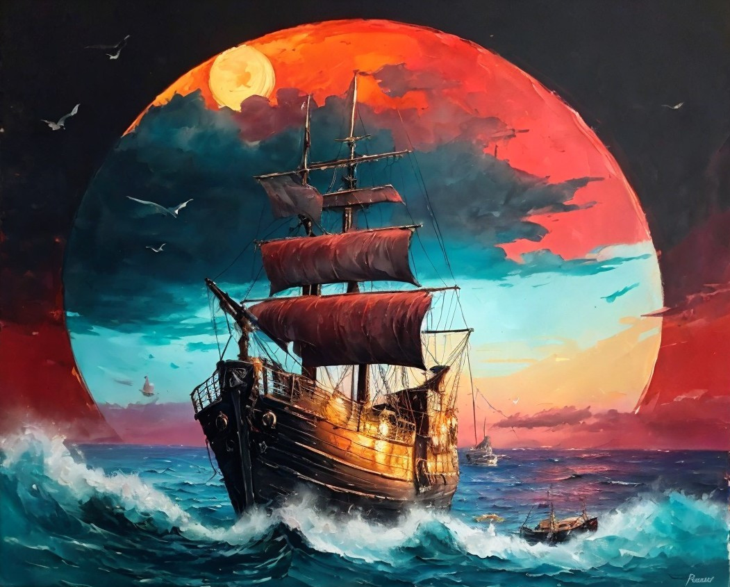 Majestic sailing ship with red sails under orange moon
