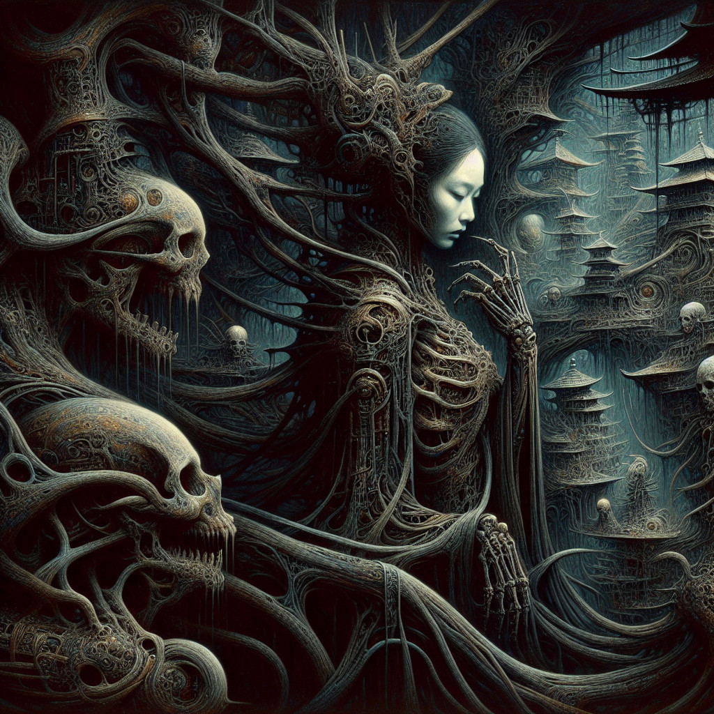 Surreal Dark Scene with Ethereal Figure and Skulls