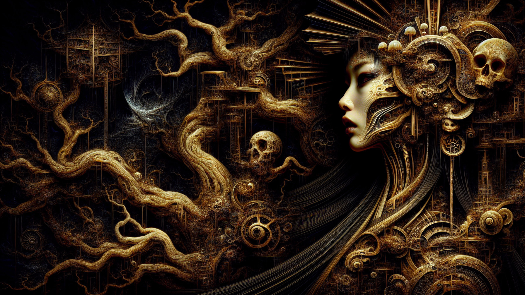 Intricate Artwork Merging Face with Mechanical Elements