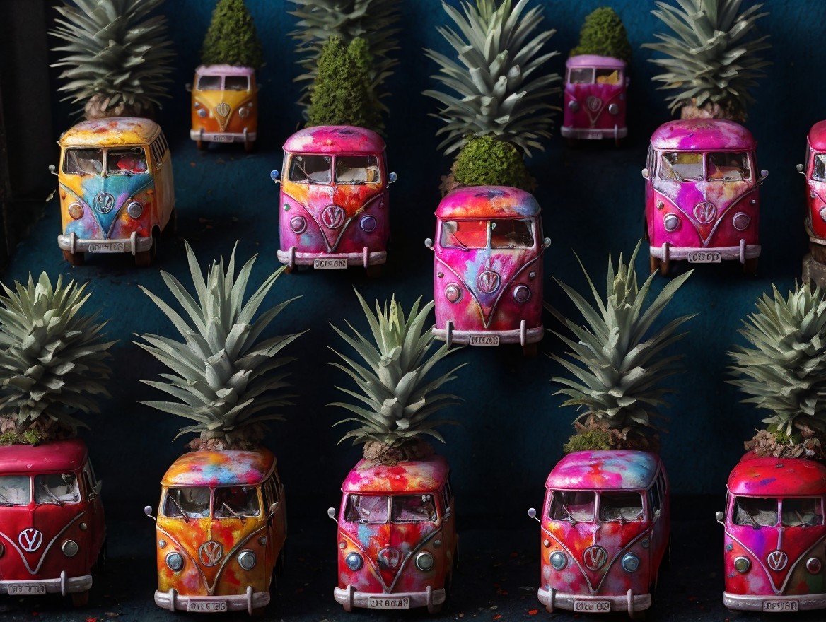 Miniature Vintage Volkswagen Vans with Pineapple Plants