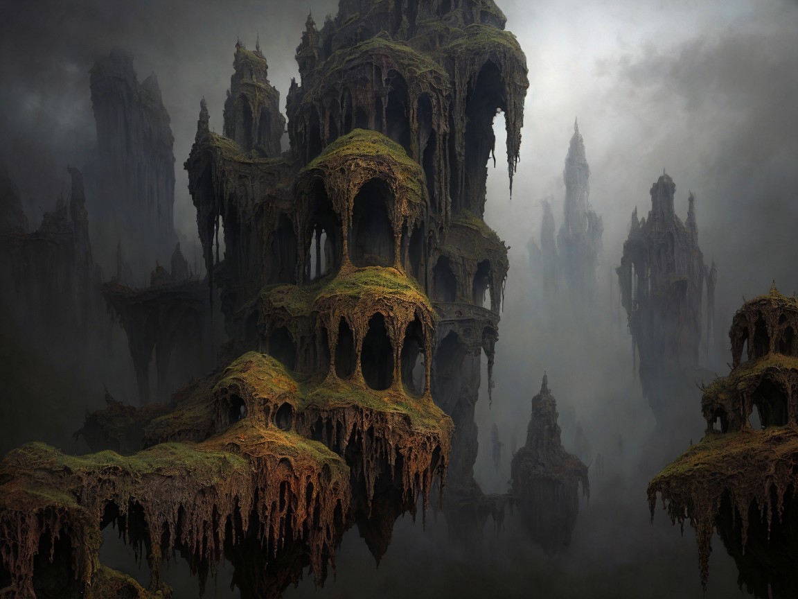 Surreal Landscape with Gothic Rock Formations and Fog